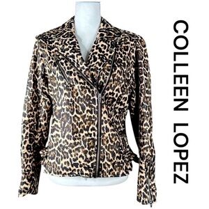COLLEEN LOPEZ Vegan Leather Animal Print Moto Jacket, Size L.